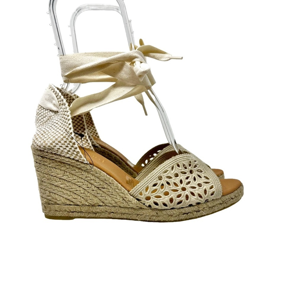 Maypol NEW Crochet Espadrille Wedge Sandals Peep Toe Ankle Wrap Cream Size 41 - Picture 4 of 13